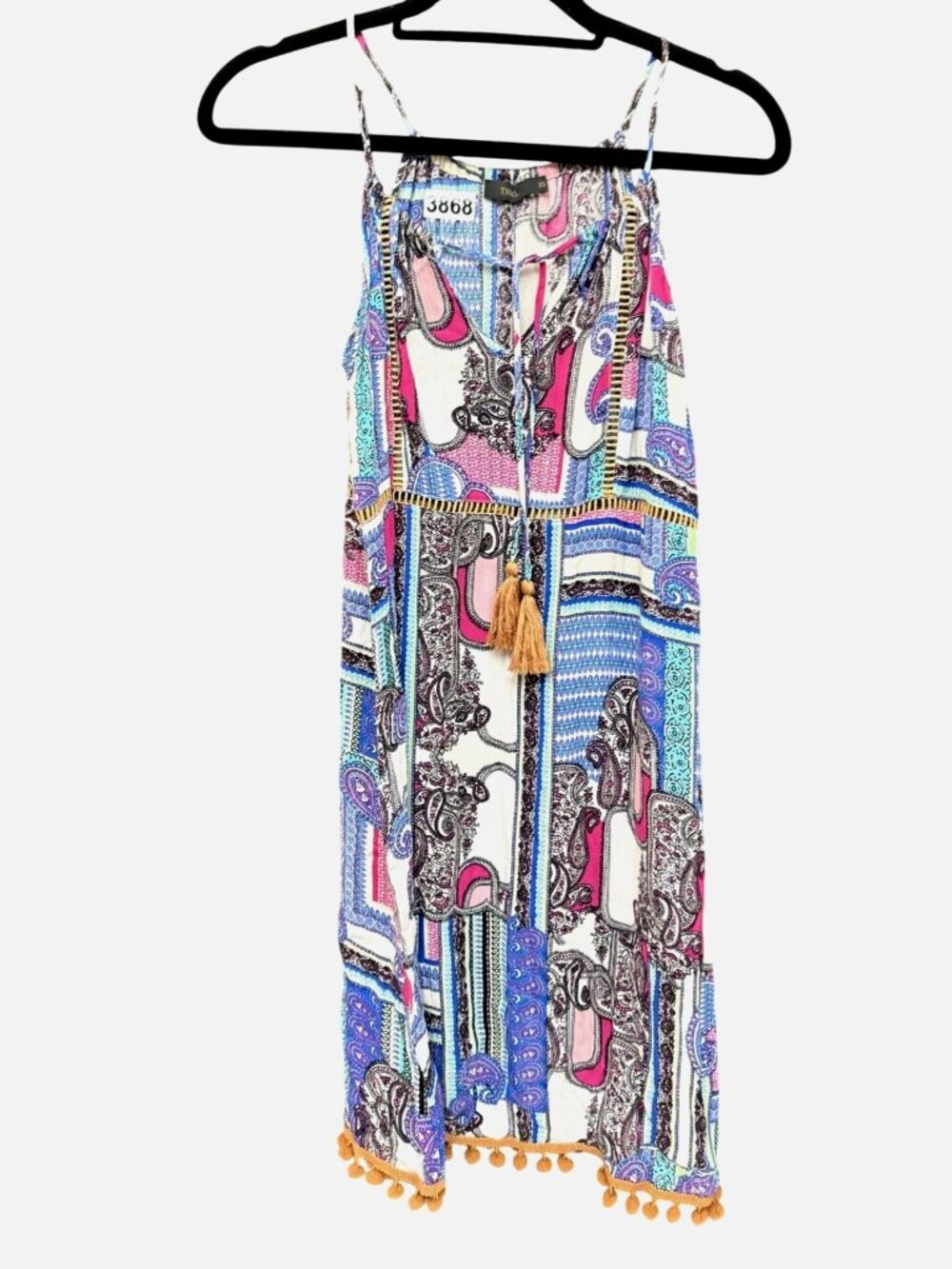 THML Paisley Mini Dress Women's XS Multicolor Tassels Pom Pom Trim Boho Summer